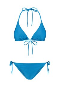 Modrý bikiny set s trojuholníkovým vrchom s nastaviteľnými šnúrkami a zodpovedajúcimi spodkami so bočnými šnúrkami. Vyrobené z hladkej, elastickej látky.