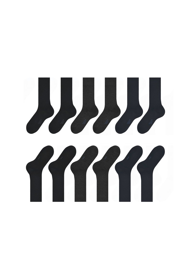 Crne čarape u različitim nijansama, uključujući čistu crnu i ugljennu sivoj, sa glatkom teksturom. Svaki par ima minimalne detalje i logo.