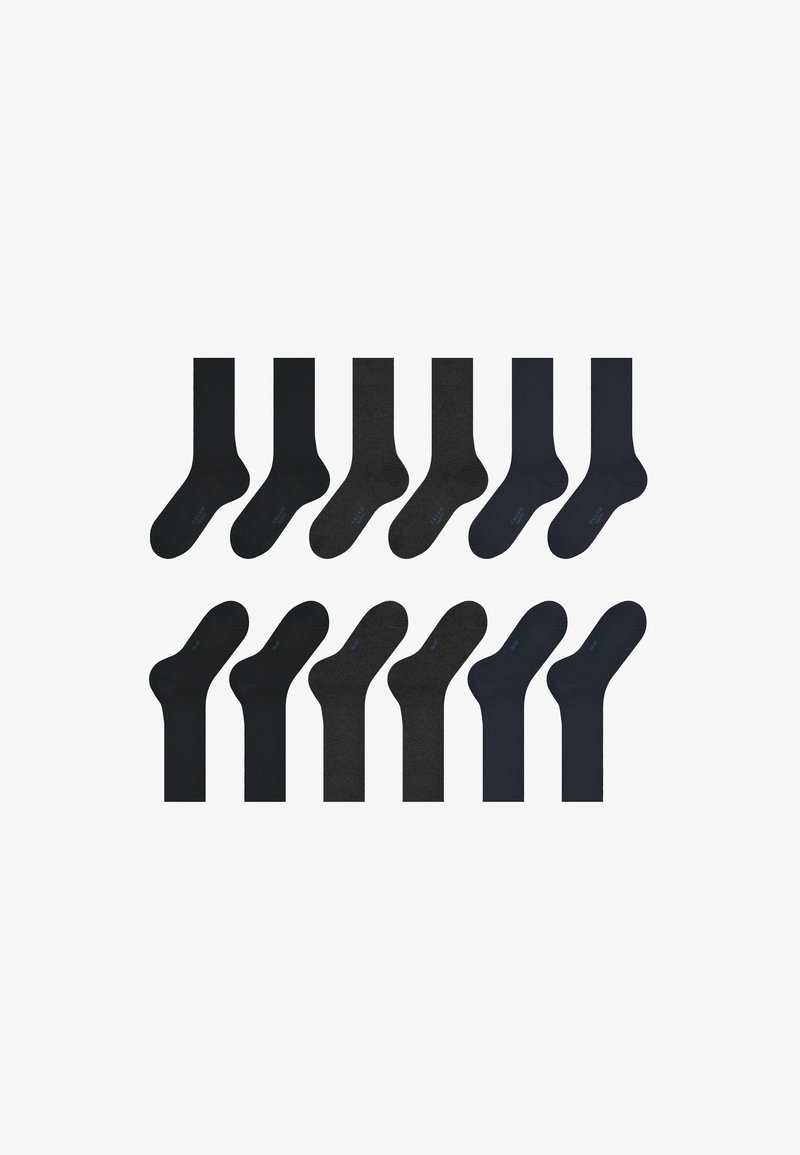 Black socks in varying shades, including solid black and charcoal gray, with a smooth texture. Each pair features minimal detailing and a logo.