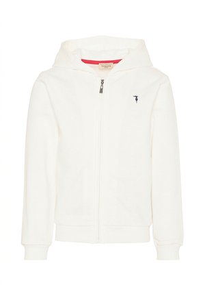 Biała bluza z kapturem i zamkiem, z długimi rękawami oraz małym ciemnym wyszywanym logo na lewej piersi.