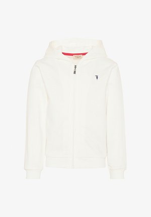 Witte capuchontrui met ritssluiting, lange mouwen en klein donker geborduurd logo op de linkerborst.