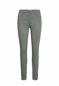 Heren slim-fit broeken in olijfgroen, gemaakt van een soepel, rekbaar materiaal; met een sluiting aan de voorkant met knoop en een klassieke vijf-pocketstijl.