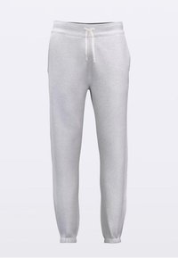Lysegrå joggingbukser lavet af bomuldsblanding, med elastisk taljebånd med snøre, tilspidsede manchetter og uden synlige mønstre eller accenter.