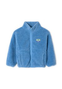 Chaqueta de forro polar azul con un alto cuello, cierre de cremallera frontal, dos bolsillos inferiores y una superficie texturizada y suave. Presenta un pequeño logotipo en forma de parche.
