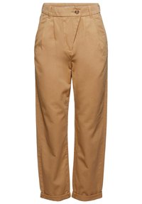 Pantaloni in cotone beige con vita alta, fronte plissettato e risvolti. Presentano una chiusura con un solo bottone e tasche laterali.