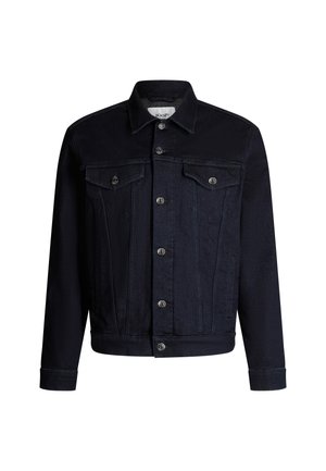 Donker denimjasje met een knoopsluiting aan de voorkant, twee borstzakken en zijzakken. Voorzien van metalen knopen en een klassieke kraag.