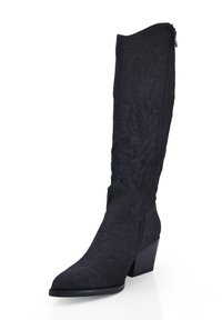 Black knee-high boots with a textured finish, pointed toe, slight heel, and side zipper detail. Classic western-inspired design elements.
