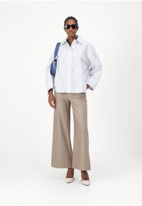 Striped button-up shirt with oversized collar, paired with light brown wide-leg trousers and cream pointed-toe heels. Blue shoulder bag and sunglasses.