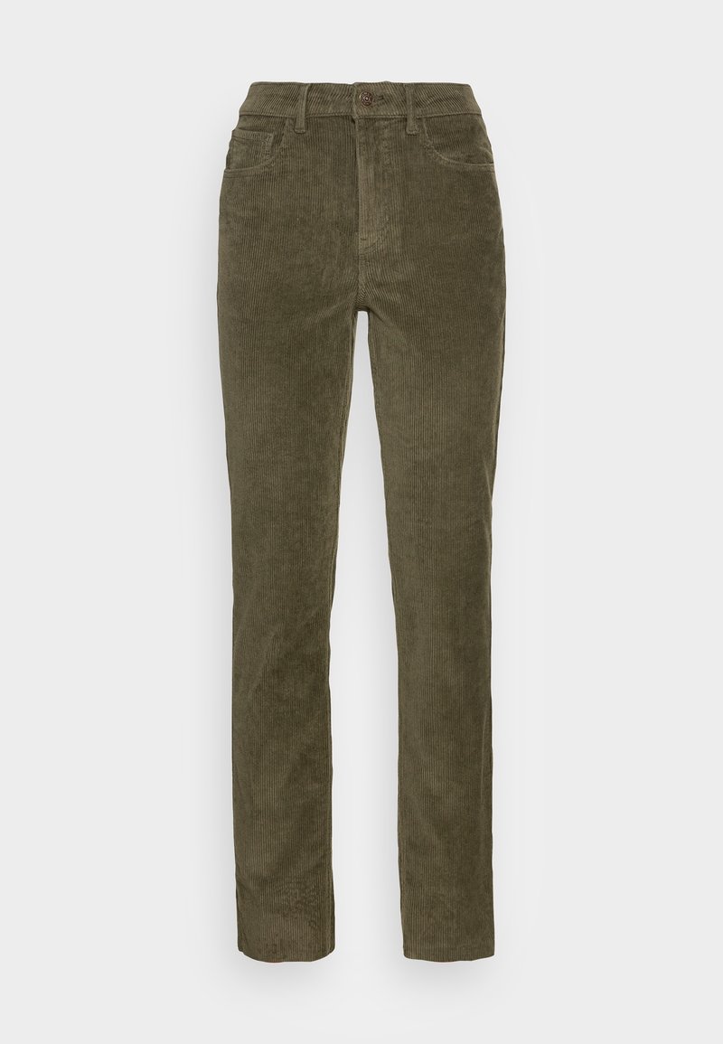 Pantalon en velours côtelé vert olive taille haute avec un bouton devant, une fermeture éclair, des passants pour ceinture et des poches latérales, présenté sur fond blanc.