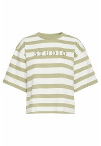 Pruhované tričko s krátkým rukávem v světle zelené a bílé barvě, se vyšitým nápisem "STUDIO" na přední straně. Volný střih, měkká tkanina.