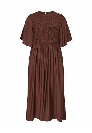 Hnědé midi šaty s nařaseným nátělníkem, krátkými žabičkovými rukávy, kulatým výstřihem a splývavou sukní.