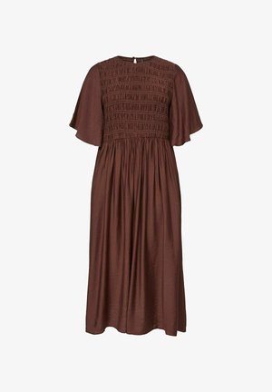 Barna midi ruha, redőzött gumis felsőrésszel, rövid, lebegő ujjakkal, kerek nyakkivágással és légies szoknyával.