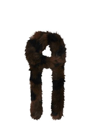 Long brown and black furry scarf arranged in a loose loop on a white background.