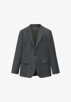 Grijze blazer van textuurstof, met een notched lapel, twee voorkeuken en een enkele knoopsluiting. Gevoerde interieur zichtbaar.
