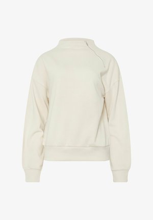 Pulower w kolorze kremowym z wysoką szyją, suwakiem z przodu, obniżonymi ramionami oraz ribbowanymi mankietami i dołem. Miękka, strukturalna tkanina.