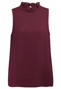 Top senza maniche color bordeaux con un collo alto e arricciato. Tessuto liscio con una vestibilità normale e senza dettagli visibili o hardware.