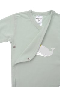 Light green cotton baby wrap with a whale graphic. Features snap fasteners and a soft texture. Simple design with round neckline.