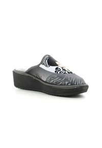 Scarpa piatta slip-on nera e grigia con design a stampa animale; tomaia in tessuto, suola in gomma testurizzata e punta rotonda.