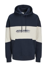 Sudadera con capucha de color azul marino con una franja horizontal crema, bolsillo frontal y logo impreso. Tejido de mezcla de algodón, puños y dobladillo acanalados.