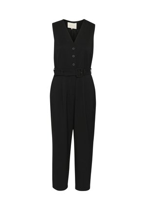 Melna bezpiedurkņu kombinezons ar V-veida kakla izgriezumu, pogu priekšpusi un jostu jostasvietā. Iekļauj šauras kājas un gludu auduma faktūru.