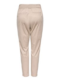 Pantalon décontracté beige avec ceinture élastique et deux poches fentes à l'arrière, coupe jambes droites, vu de dos.