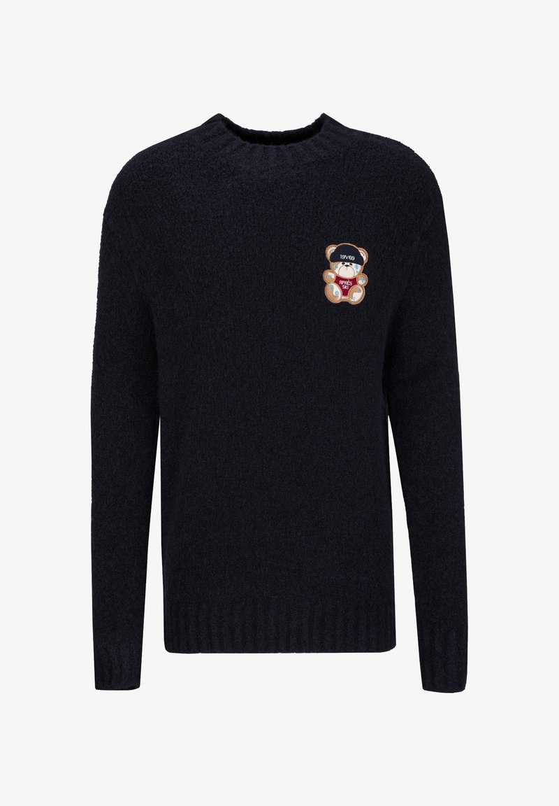 Dunkelblauer Strickpullover mit Rundhalsausschnitt, gerippten Bündchen und Saum. Hat ein gesticktes Bärenpatch mit "19V69" und "Après Ski."