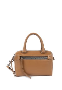 Borsa a tracolla in pelle color cuoio con doppi manici, tasca frontale con zip, hardware in tonalità argento e dettagli di cucitura bianchi. Forma rettangolare compatta.