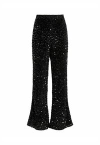 Črne hlače z visokim pasom, razširjene, prekrite z majhnimi sijočimi sequini z teksturirano, bleščečo površino.