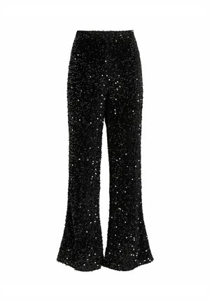 Sorte høj-taljede viddebukser dækket af små skinnende pailletter med en tekstureret, glitrende overflade.