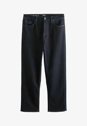 Dunkelblaue, locker sitzende Jeans mit vorderem Knopf, Reißverschluss, Gürtelschlaufen und fünf Taschen, einschließlich einer Münztasche.