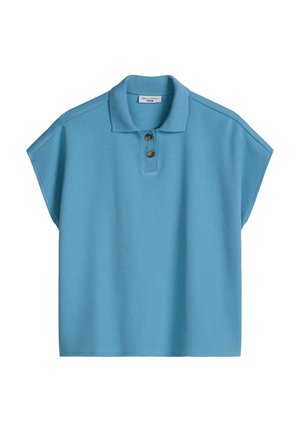Hellblaues Poloshirt mit kurzen Ärmeln, zwei braunen Knöpfen und einem weichen Kragen, mit lockerem, kastigem Schnitt und glatter Stoffstruktur.