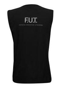 Haut de sport noir sans manches avec texte gris « F.U.T. Physical Education & Training » sur le haut du dos.