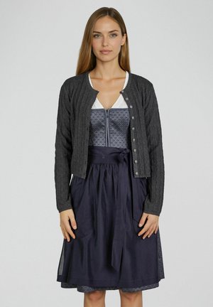 Vrouw die een donkergrijze vest met knopen draagt over een blauw patroonjurk met een strikschort rond de taille, staand tegen een effen lichte achtergrond.