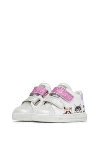 Scarpe da ginnastica bianche con dettagli argento, dotate di cinturini in velcro rosa glitterati e illustrazioni di animali sui lati. Suola piatta in gomma.