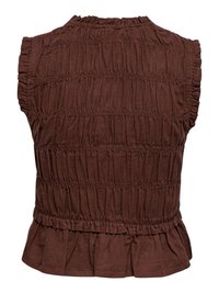 Smeđa majica bez rukava s elastičnim naboranim teksturom i detaljem valovitog ruba.