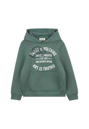 Sweat à capuche vert en tissu doux avec une poche kangourou à l'avant, arborant un texte blanc et un motif graphique sur la poitrine.