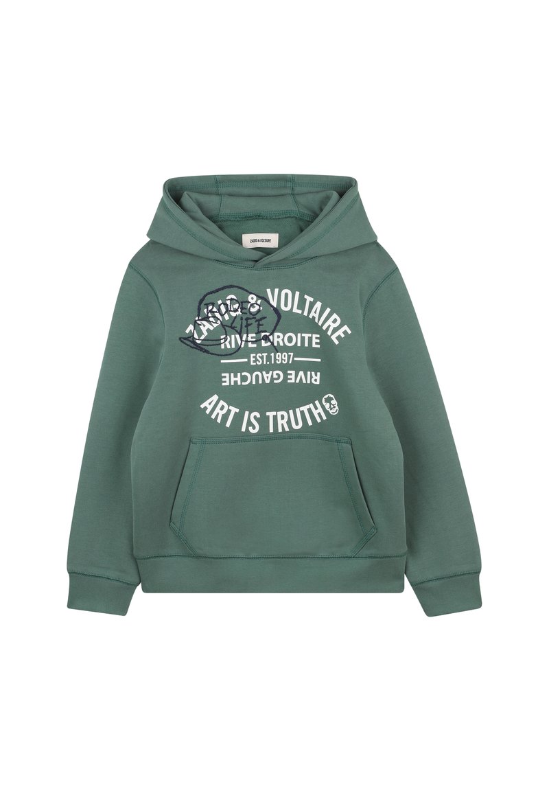 Sweat à capuche vert en tissu doux avec une poche kangourou à l'avant, arborant un texte blanc et un motif graphique sur la poitrine.