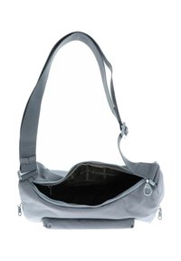 Borsa a spalla in tessuto grigio con superficie texture, scomparti con zip e tracolla regolabile. L'interno è foderato in tessuto scuro.