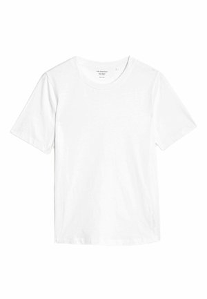 Camiseta blanca de manga corta hecha de algodón. Presenta un escote redondo y un ajuste estándar sin patrones o adornos visibles.