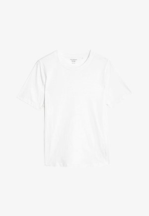 T-shirt blanc à manches courtes en coton. Il présente un col rond et une coupe standard sans motifs ni embellissements visibles.