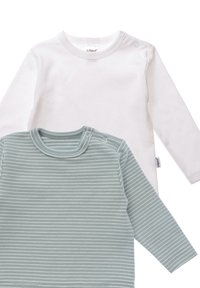 Zwei Langarmoberteile: eines in reinem Weiß, das andere in hellgrün mit feinen weißen Streifen. Beide haben runde Ausschnitte und Druckknopfverschlüsse an den Schultern.