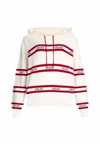 Felpa bianca con cappuccio e design a strisce rosse, che presenta il nome del marchio "LIUJO" in strisce alternate e un cordoncino.