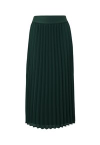 Jupe midi plissée vert foncé avec une taille lisse ; le tissu semble léger avec une texture fluide et des plis verticaux tout au long.