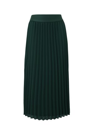Jupe midi plissée vert foncé avec une taille lisse ; le tissu semble léger avec une texture fluide et des plis verticaux tout au long.
