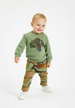 Grön sweatshirt med geometriskt dinosauriemönster, ihopparad med grön-brun mönstrade byxor med tecknade djur, och vita skor.