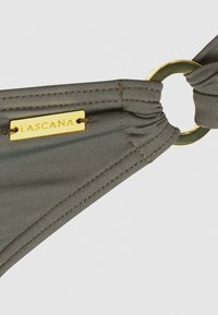 Dark green bikini top featuring ruched fabric, a gold ring accent, and a small gold tag with "Lascana" embossed. Smooth texture.