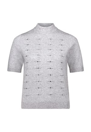 Grauer kurzärmeliger Pullover mit hohem Kragen, der horizontale Ausschnittmuster und gerippte Kanten aufweist, aus einem weichen Strickmaterial gefertigt.