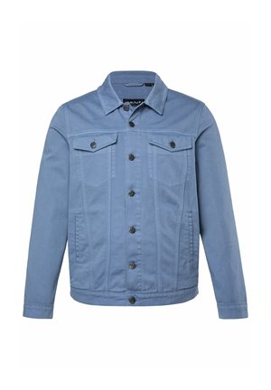 Hellblaues Herrenjeansjacke mit Knopfverschluss, zwei Klappentaschen auf der Brust, Seitentaschen und spitzem Kragen.