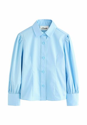 Camicia azzurra chiara con maniche lunghe a sbuffo, colletto a punta e chiusura con bottoni, dotata di bottoni coordinati e cuciture decorative.