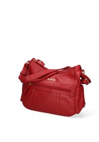 Borsa a spalla in pelle rossa con finitura testurizzata, dotata di un compartimento principale con zip, tasca frontale e tracolla regolabile. Dettagli in oro.